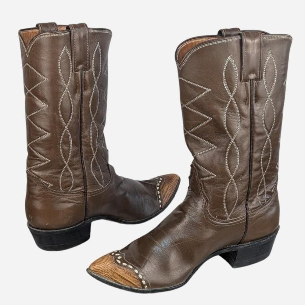 Vintage Justin Boots L4050 Brown Leather Lizard Toe Western Boots Size 8 - Picture 4 of 9